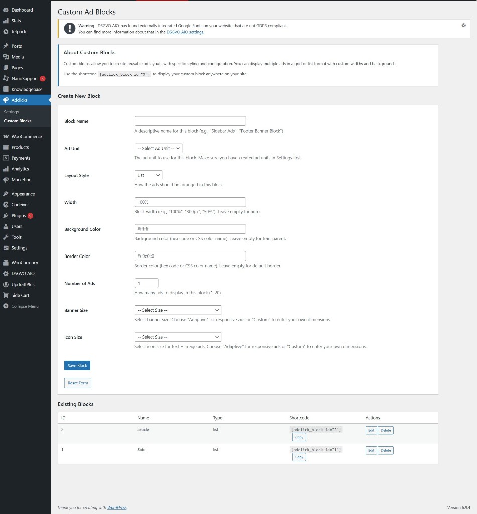 WordPress admin: Custom Ad Blocks page with Create New Block form and Existing Blocks table
