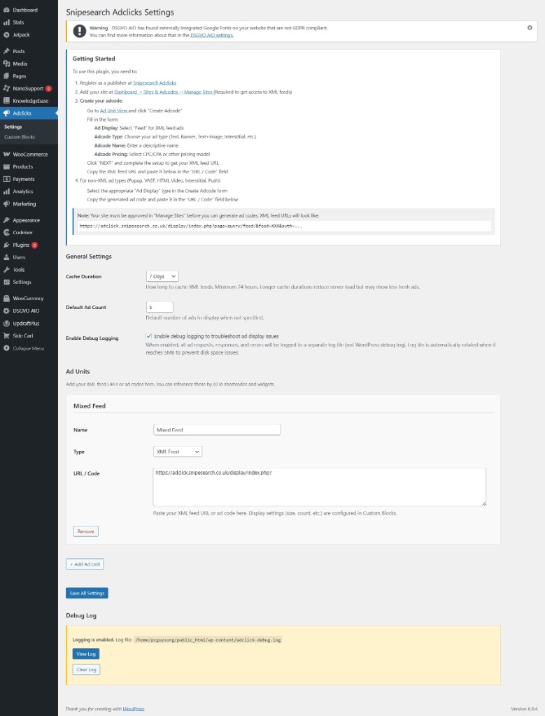 WordPress admin: SnipeSearch Adclicks Settings page showing Getting Started, General Settings, Ad Units, and Debug Log